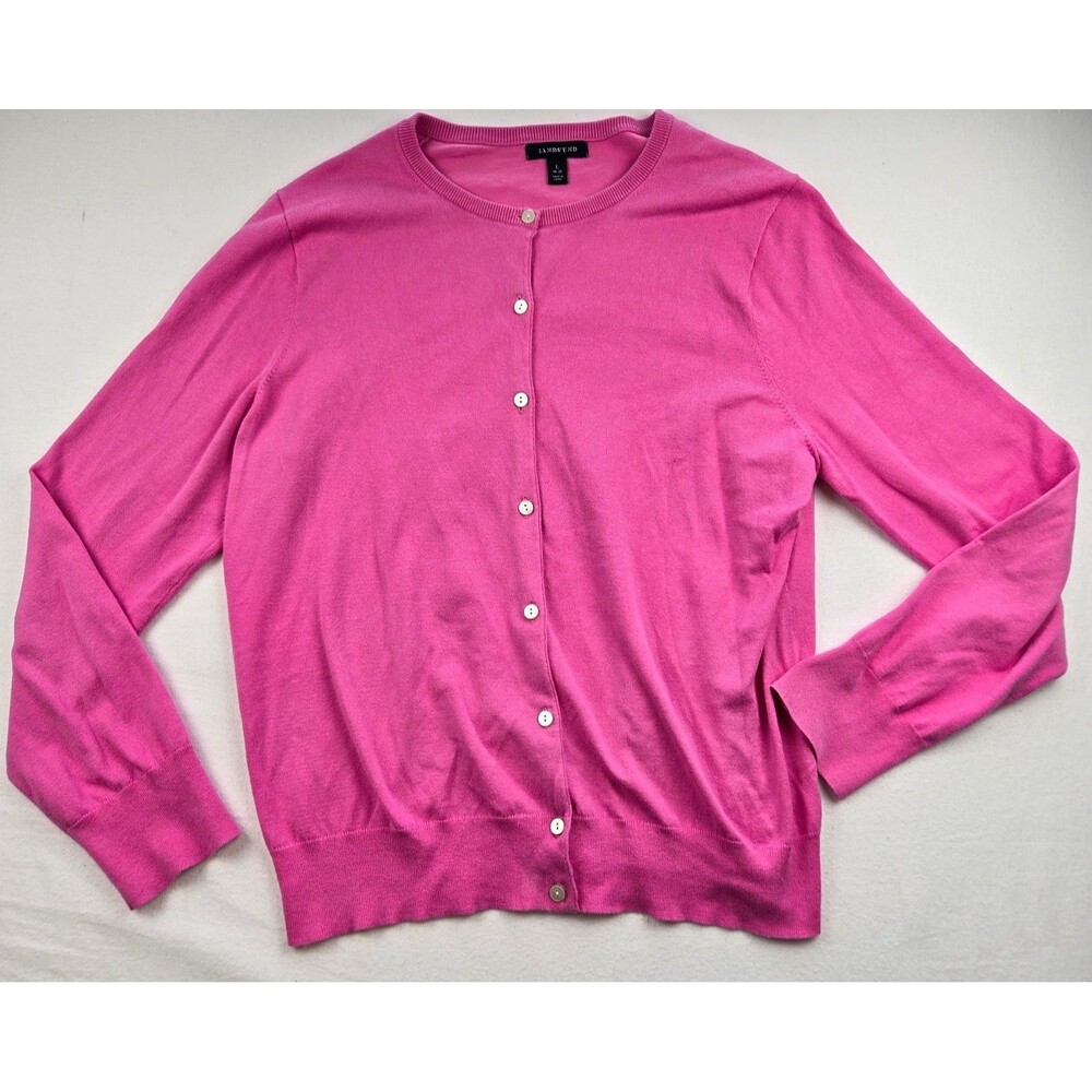 Lands End Womens L 14-16 Hot Pink Crewneck Cardigan Sweater Cotton Blend Button